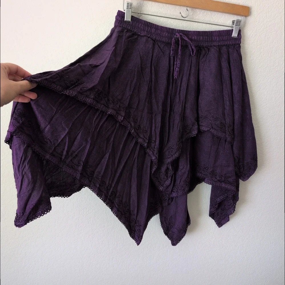 Flower Purple Embroidery Handkerchief Tiered Boho Skirt OS Rayon Fairy Whimsy